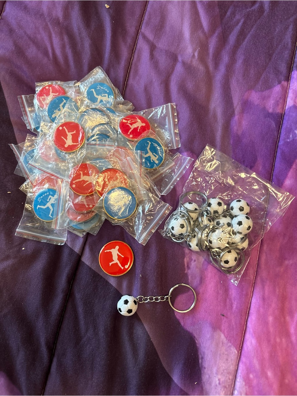 Soccer Party Favor Keychains and Tokens - Red & Blue